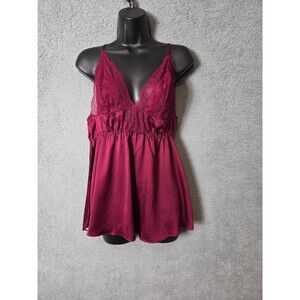 NWOT Victoria’s Secret Wine Red Babydoll Cami Lingerie Nightie L Satin Lace Top